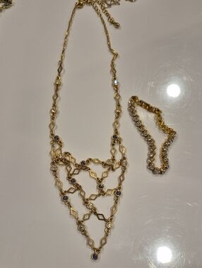 Gold Tone Multi-Strand Crystal & Sapphire Necklace - Women's Jewelry